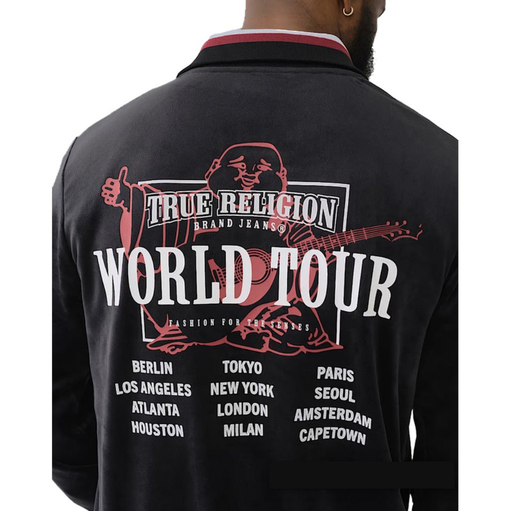 New $139 True Religion Velour World Tour Logo Track Jacket! L Black Big Buddha